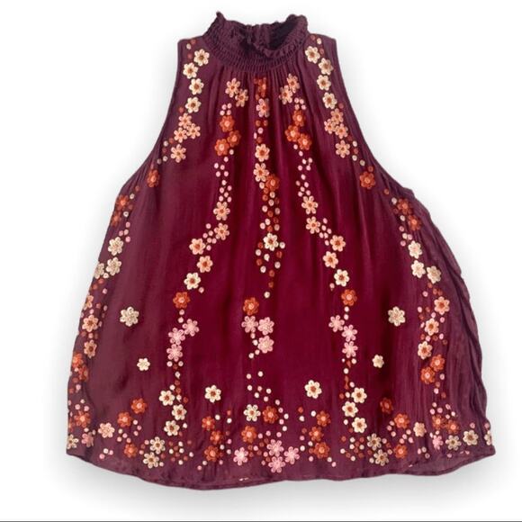 Floret Burgundy Embroidered Dark Floral High Neck Sleeveless Flowy Top Small - Picture 2 of 10